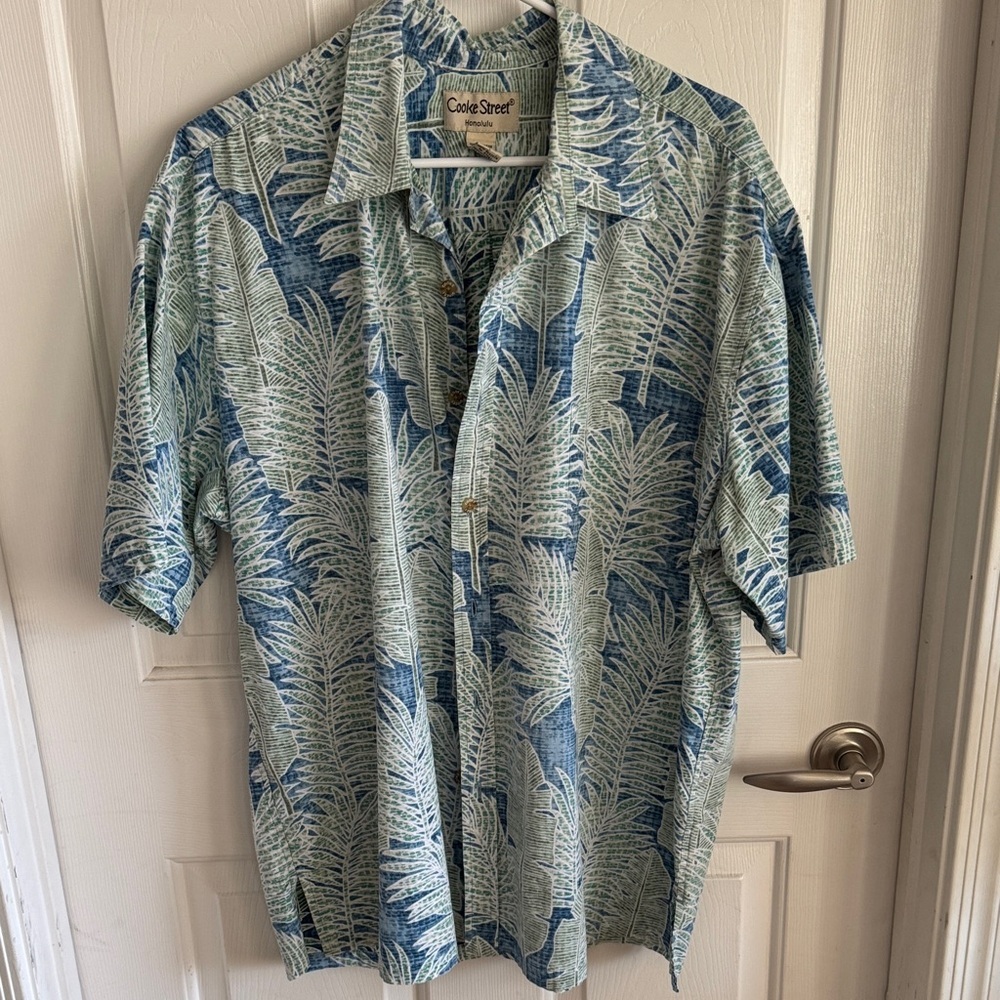 VTG Cooke Street Honolulu Blue & Green Leaf Hawaiian Shirt MINT SZ 2X Cotton